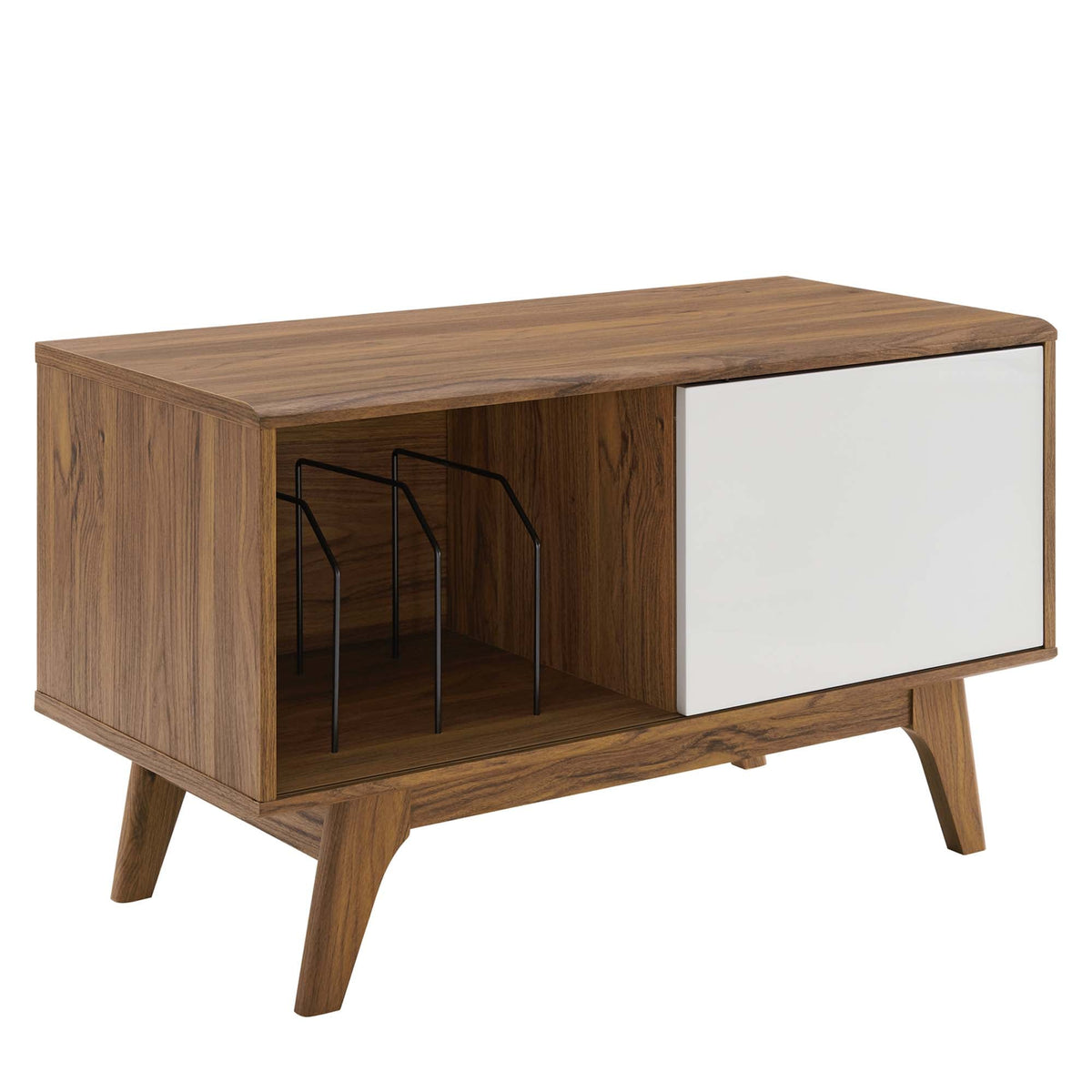 Envision vinyl record display stand by Modway in oak with white panel and black wire racks on Tampa Home & Garden Store