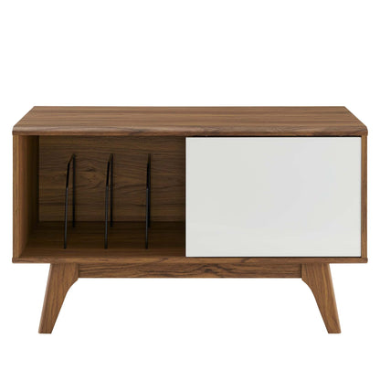 Envision vinyl record display stand in wood finish with metal rods and white panel on Tampa Home & Garden Store