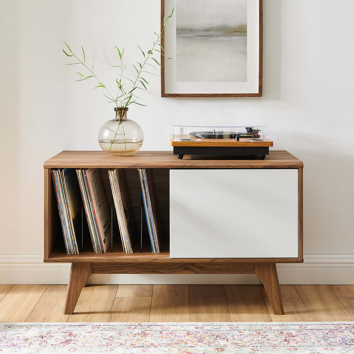 Envision vinyl record display stand by Modway on a wood console with LPs on Tampa Home & Garden Store
