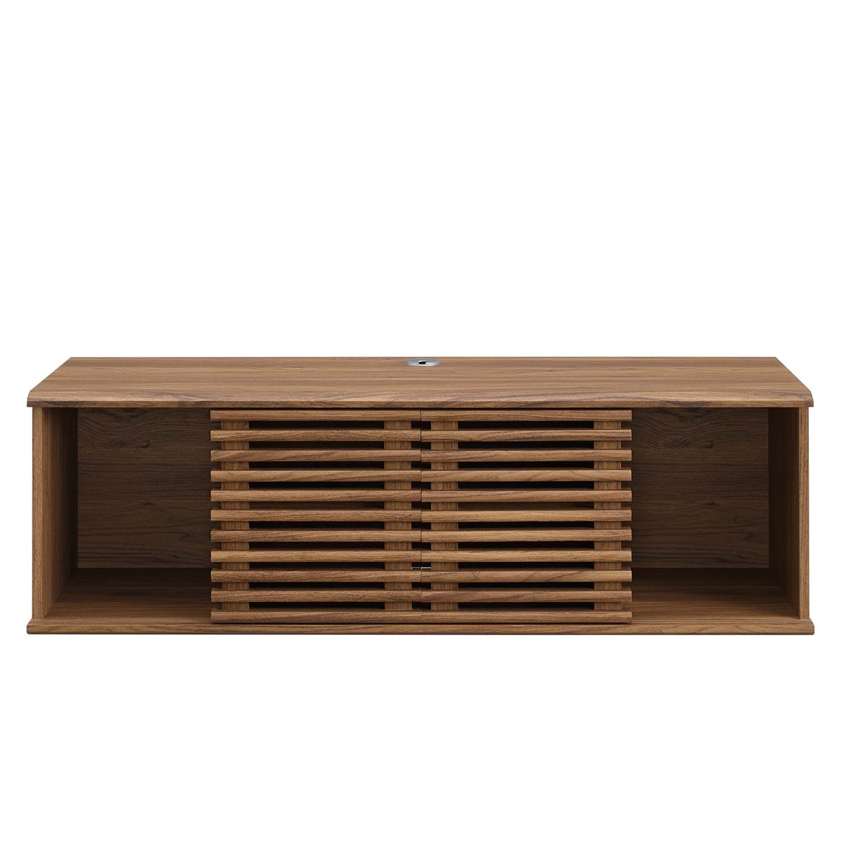 Render wall-mount media console TV stand in warm walnut finish with slatted front panels on Tampa Home & Garden Store