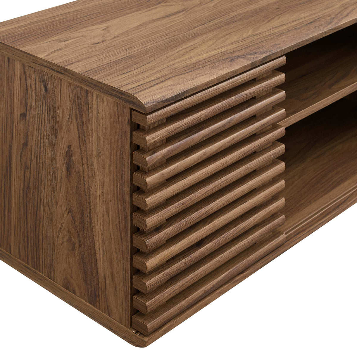 Render wall-mount media console TV stand in warm wood finish with slatted drawer fronts on Tampa Home & Garden Store