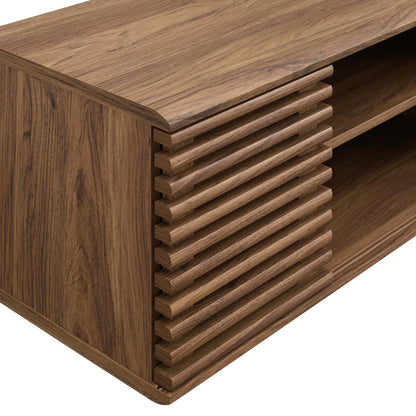 Render wall-mount media console TV stand in warm wood finish with slatted drawer fronts on Tampa Home & Garden Store