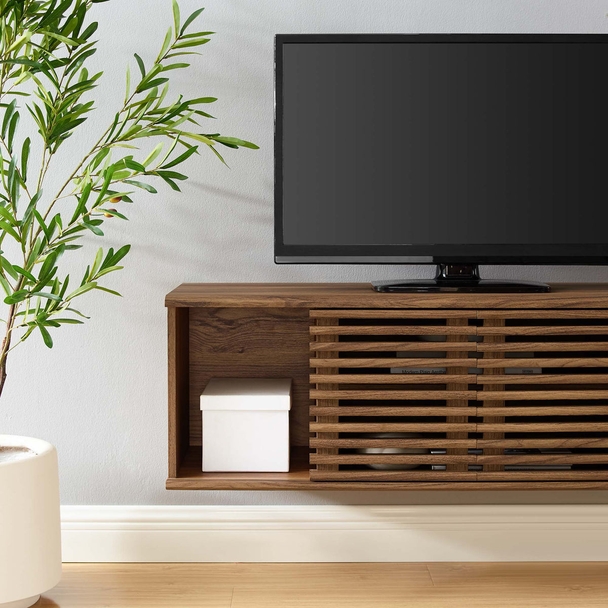 Render Wall-Mount Media Console TV Stand by Modway warm wood with slatted cabinet doors on Tampa Home & Garden Store
