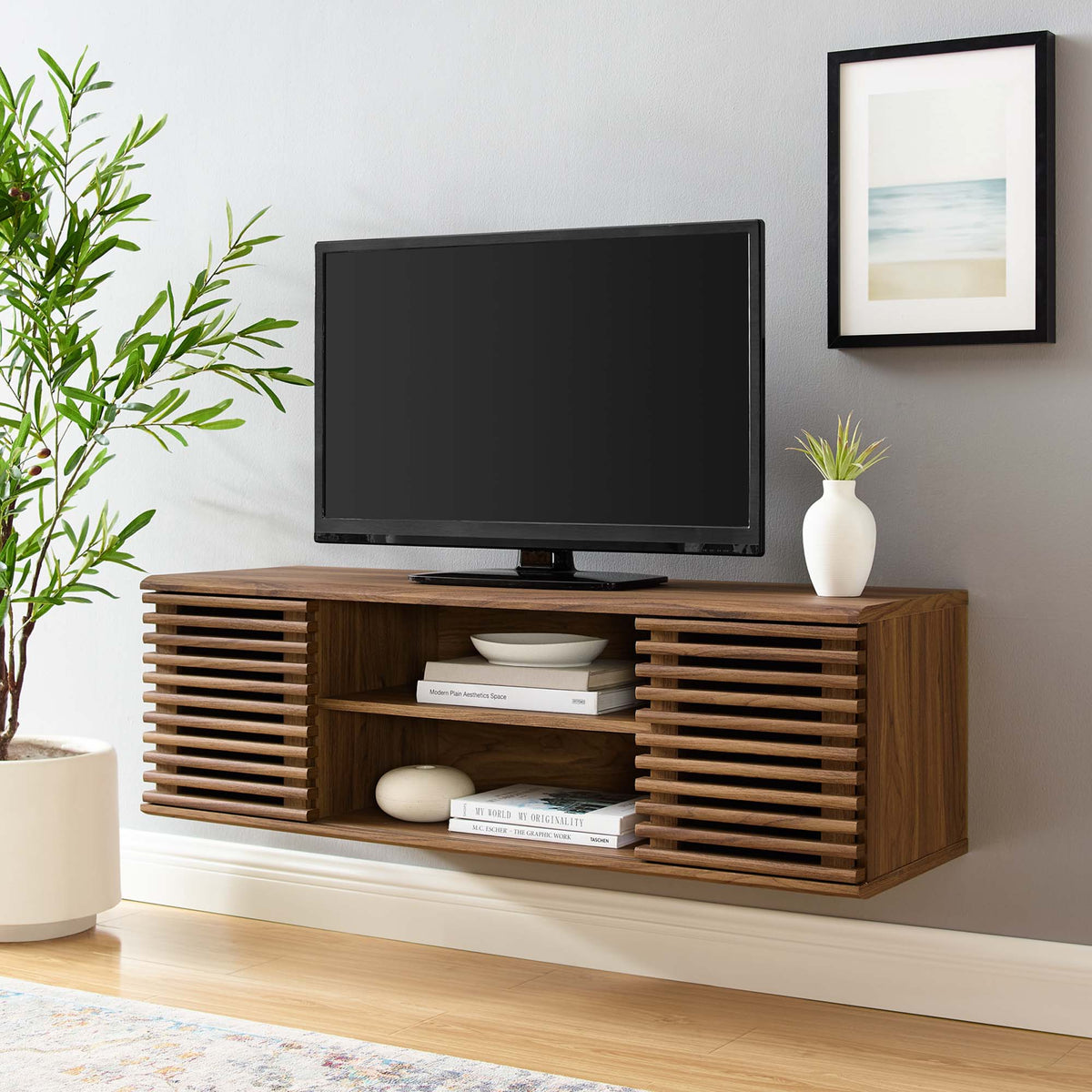 Render wall-mount media console TV stand by Modway in wood with slatted sides, TV mounted on Tampa Home & Garden Store