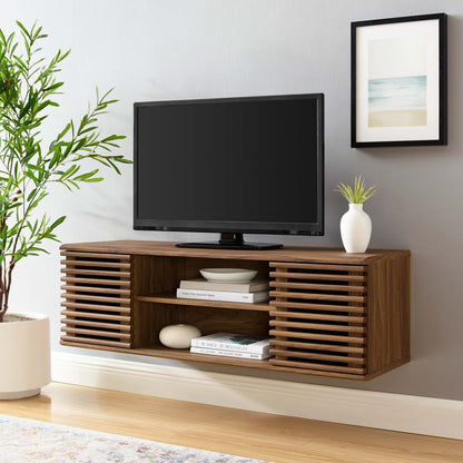 Render wall-mount media console TV stand by Modway in wood with slatted sides, TV mounted on Tampa Home & Garden Store