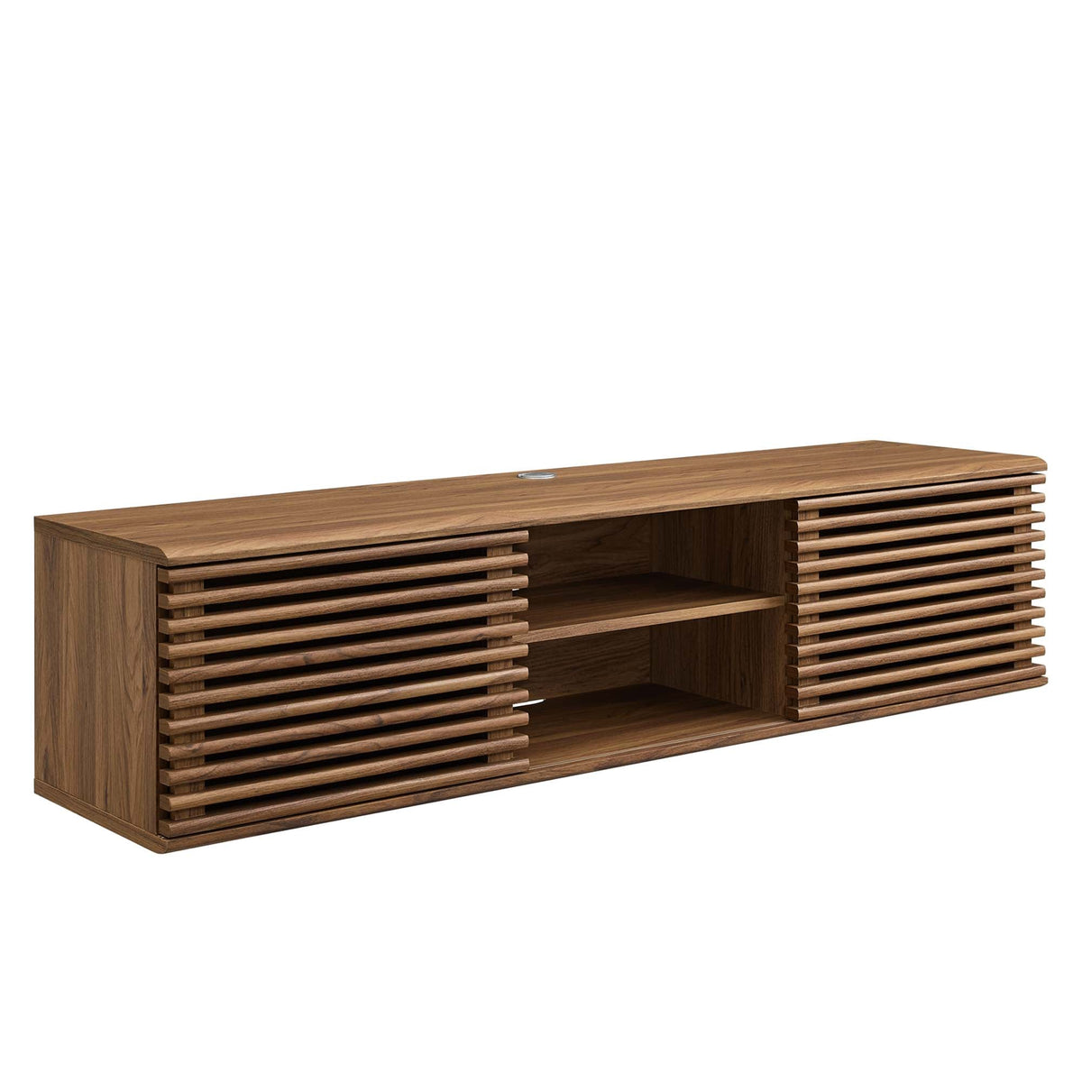 Render wall-mount media console TV stand in walnut wood with slatted sides and open shelves on Tampa Home & Garden Store