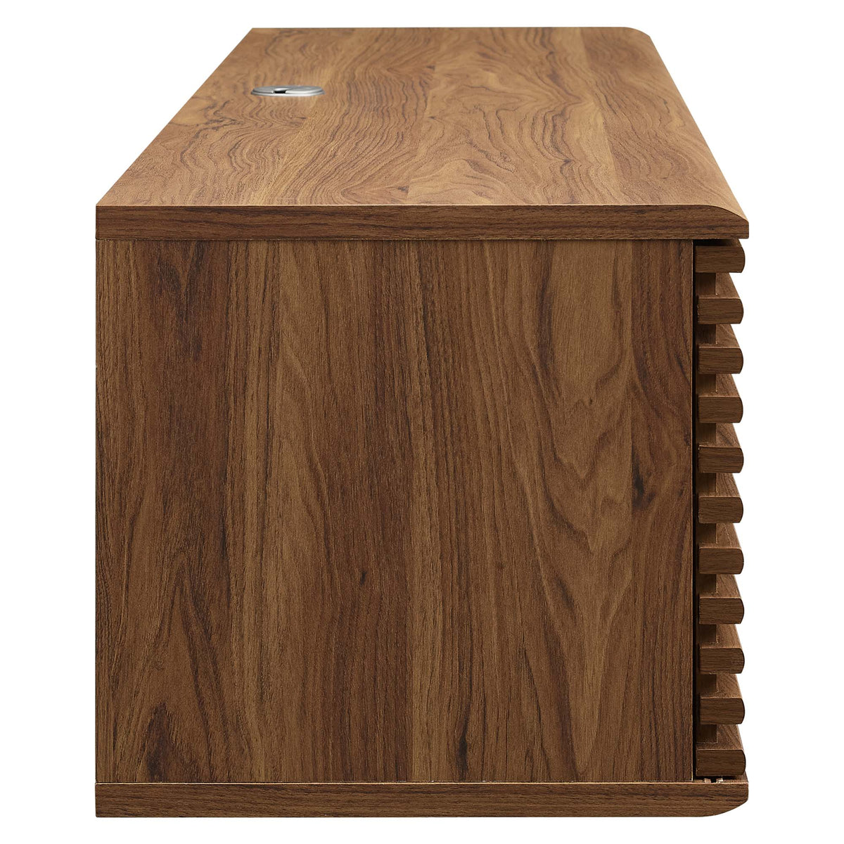 Render wall-mount media console TV stand in warm walnut with slatted side panel on Tampa Home & Garden Store