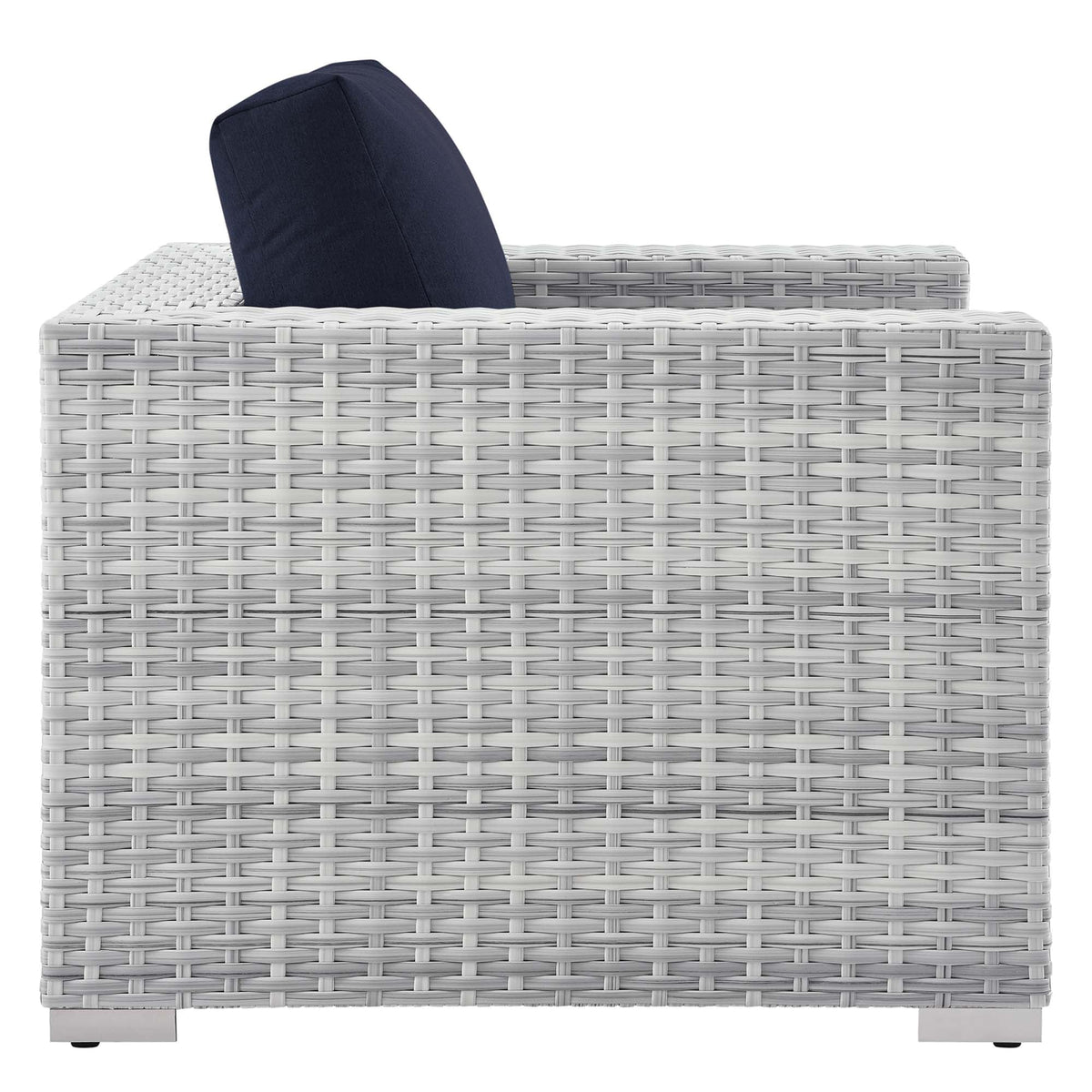 Convene Outdoor Patio Armchair white wicker base with navy back cushion on Tampa Home & Garden Store