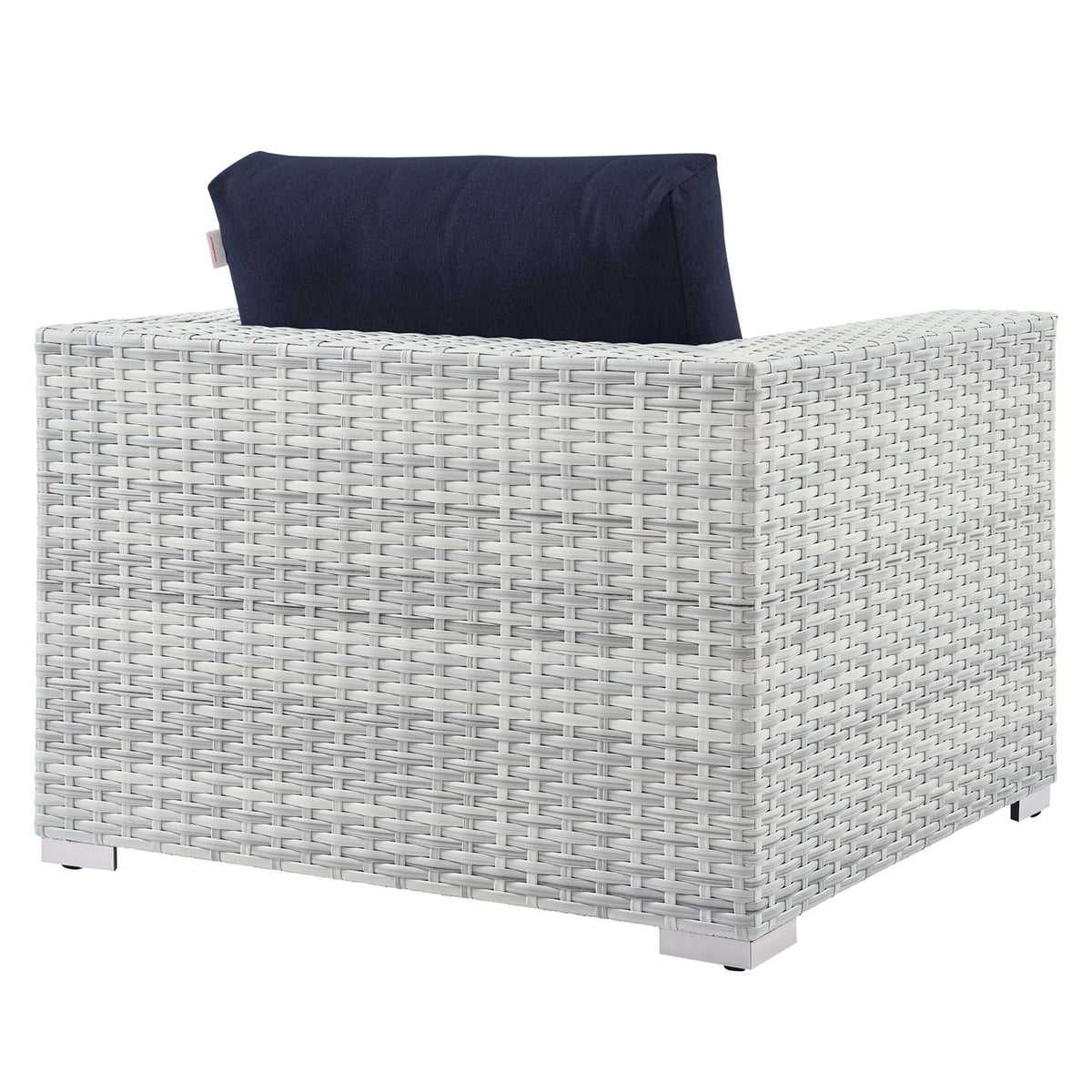 Convene outdoor patio armchair navy cushion atop white wicker frame on Tampa Home & Garden Store