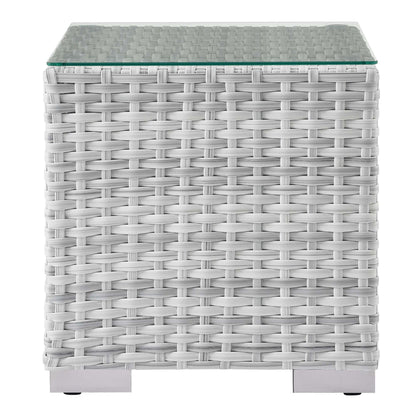 Convene Outdoor Patio Side Table by Modway, gray woven rattan base with glass top on Tampa Home & Garden Store