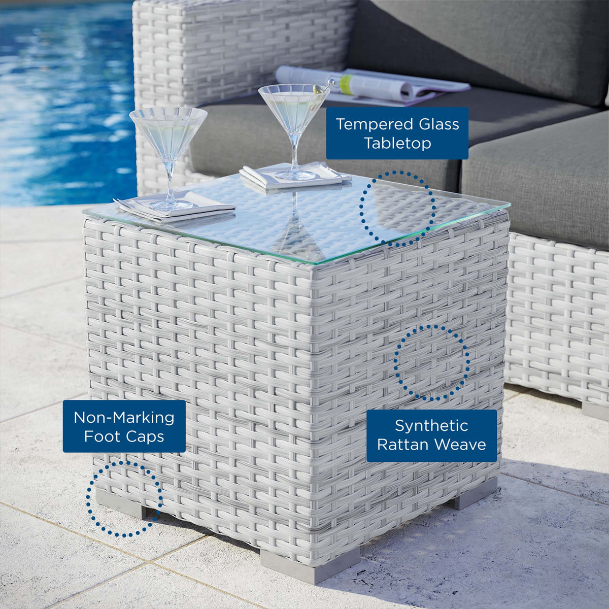 Convene Outdoor Patio Side Table by Modway with tempered glass top in white rattan weave on Tampa Home & Garden Store