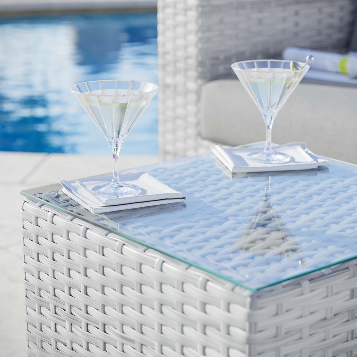 Convene Outdoor Patio Side Table by Modway, white wicker with glass top, two cocktail glasses on Tampa Home & Garden Store