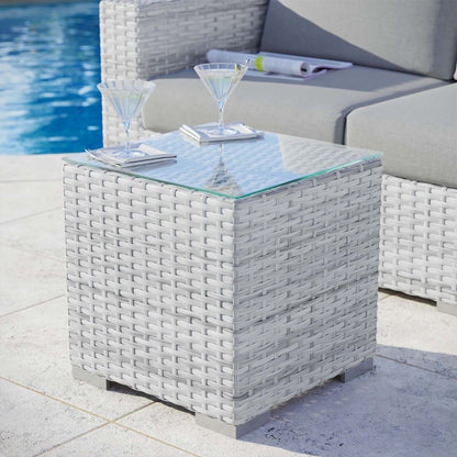 Convene patio side table by Modway, white woven wicker with glass top; two cocktail glasses on Tampa Home & Garden Store