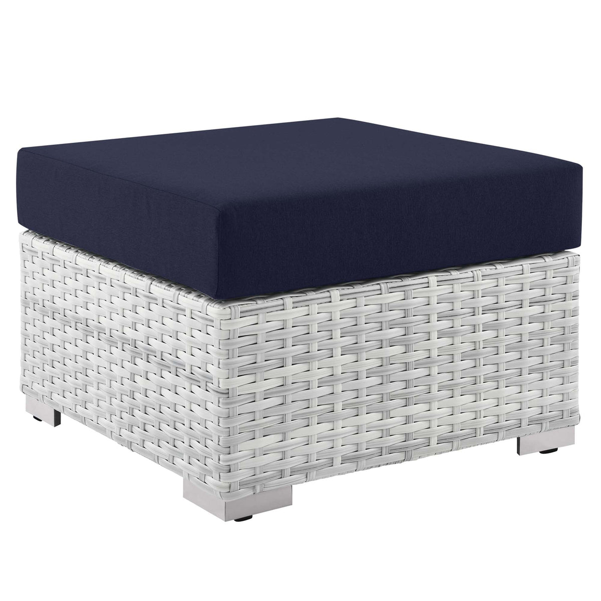Convene outdoor patio ottoman by Modway with navy cushion on a white woven wicker base on Tampa Home & Garden Store