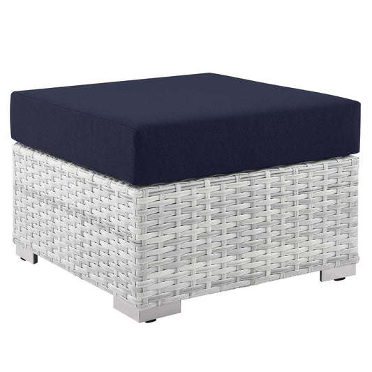 Convene outdoor patio ottoman by Modway with navy cushion on a white woven wicker base on Tampa Home & Garden Store