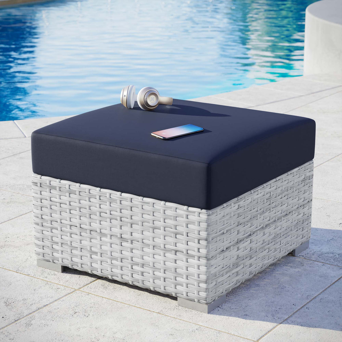 Convene outdoor patio ottoman by Modway with dark gray cushion and woven wicker base on Tampa Home & Garden Store