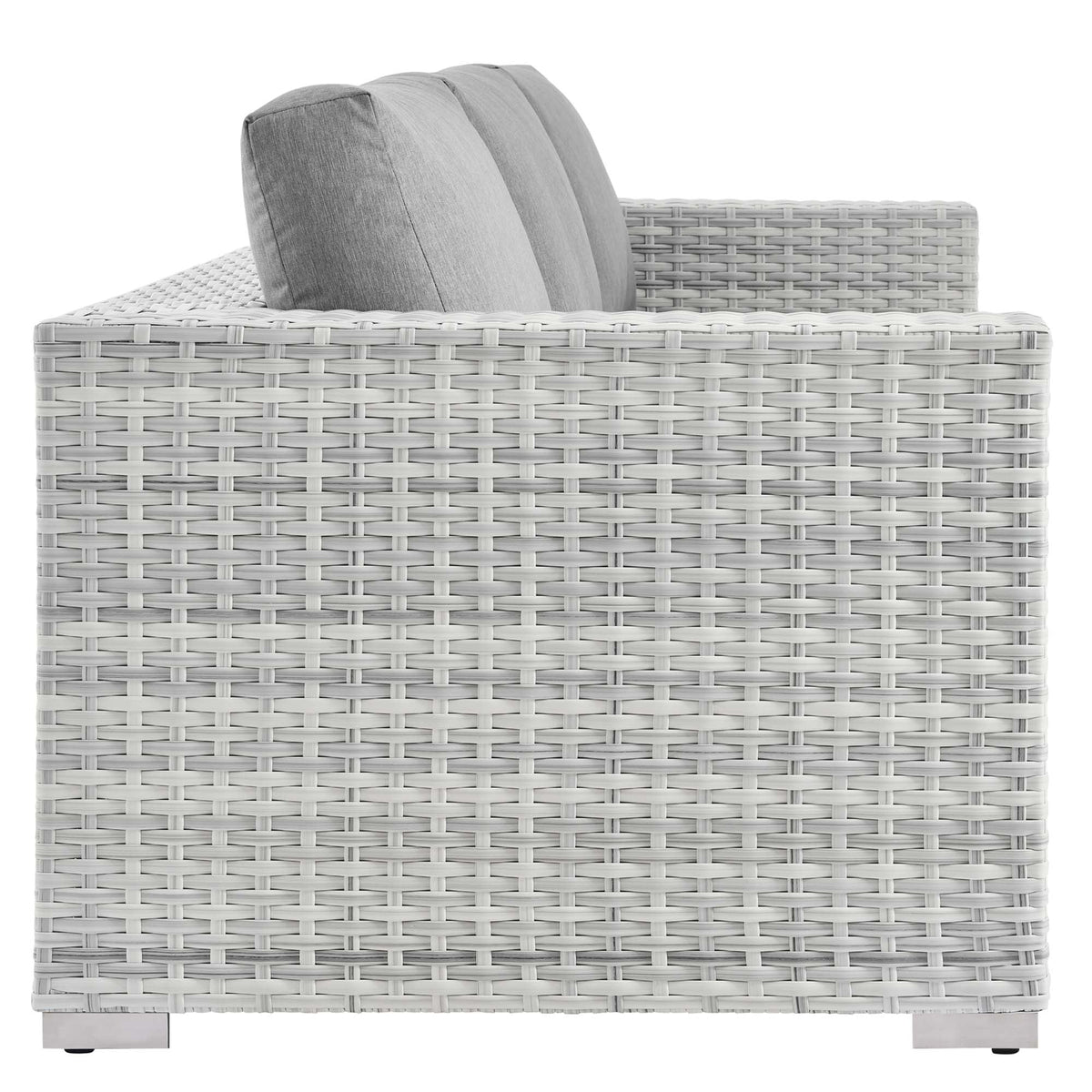 Convene Outdoor Patio Sofa by Modway, light gray cushions on woven gray wicker, 3 cushions on sofa on Tampa Home & Garden Store