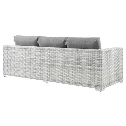 Convene Outdoor Patio Sofa sectional with gray cushions on white wicker frame on Tampa Home & Garden Store