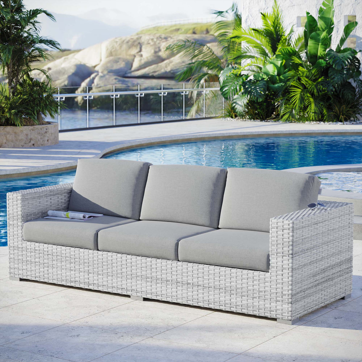 Convene Outdoor Patio Sofa by Modway with light gray cushions on a white wicker frame on Tampa Home & Garden Store