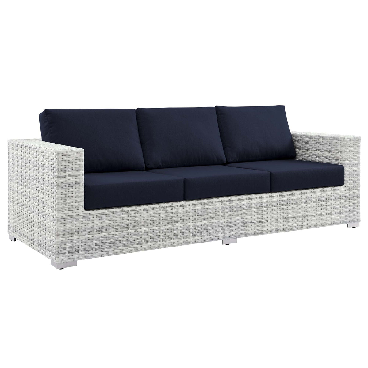 Convene outdoor patio 3-seat sofa by Modway, white wicker frame with navy cushions on Tampa Home & Garden Store