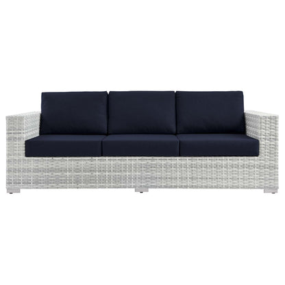 Convene outdoor patio sofa navy cushions, white wicker frame, HouseOfZazla on Tampa Home & Garden Store