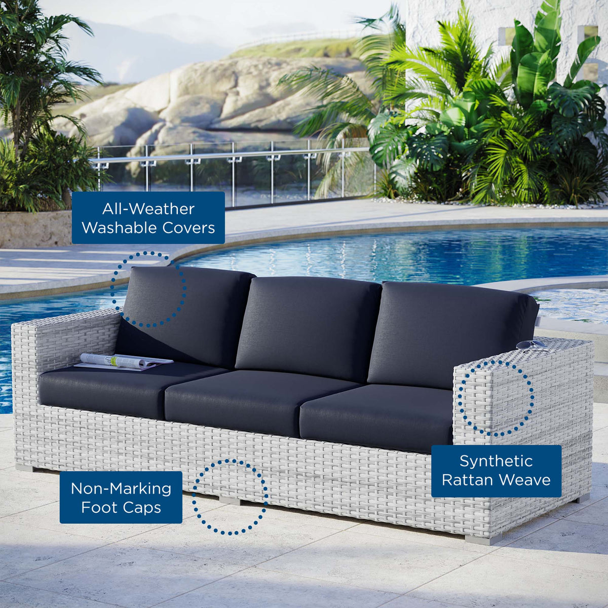 Convene Outdoor Patio Sofa by Modway, dark gray cushions in synthetic rattan weave, HouseOfZazla on Tampa Home & Garden Store