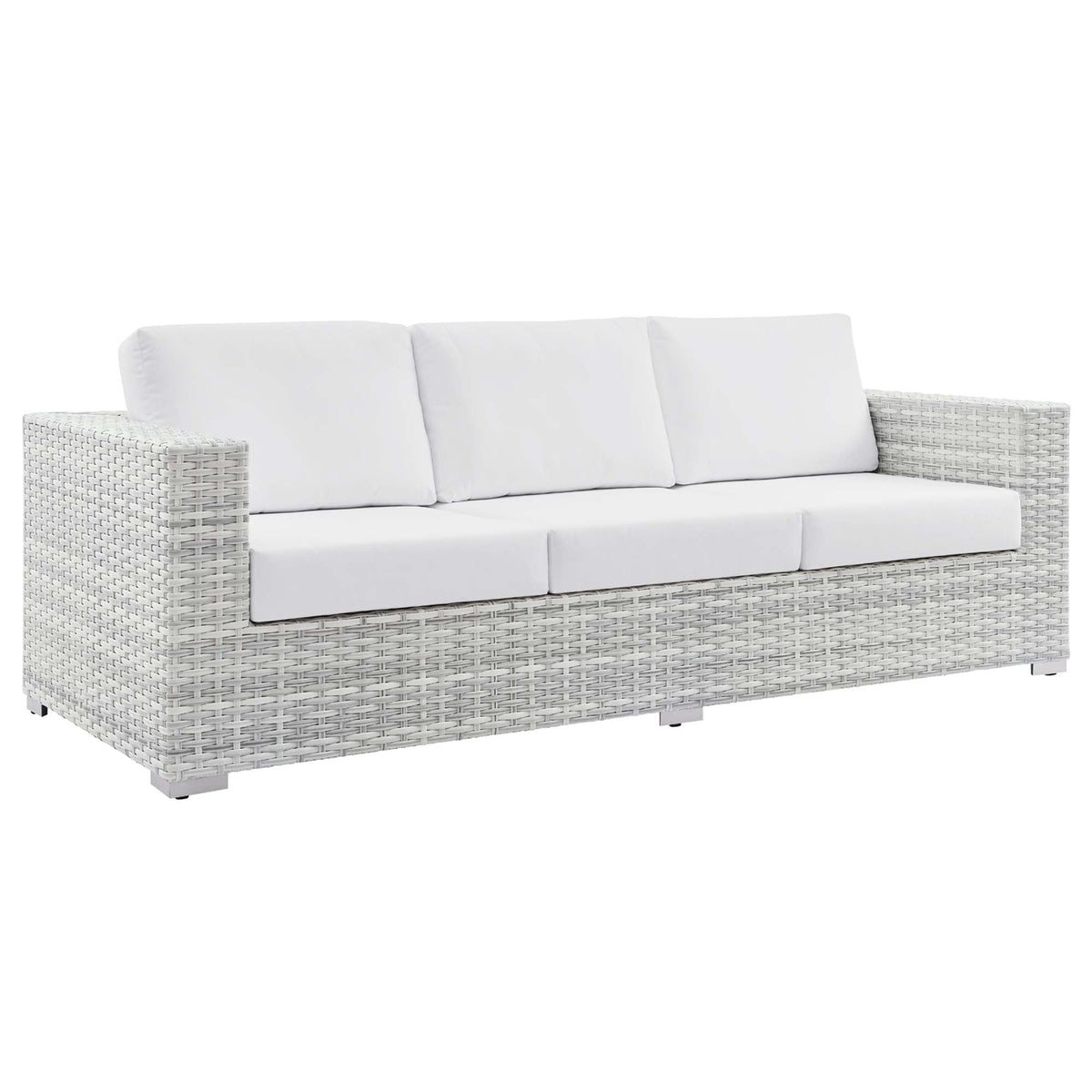 Convene outdoor patio sofa by Modway with white cushions and woven wicker frame on Tampa Home & Garden Store