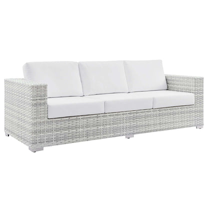 Convene outdoor patio sofa by Modway with white cushions and woven wicker frame on Tampa Home & Garden Store