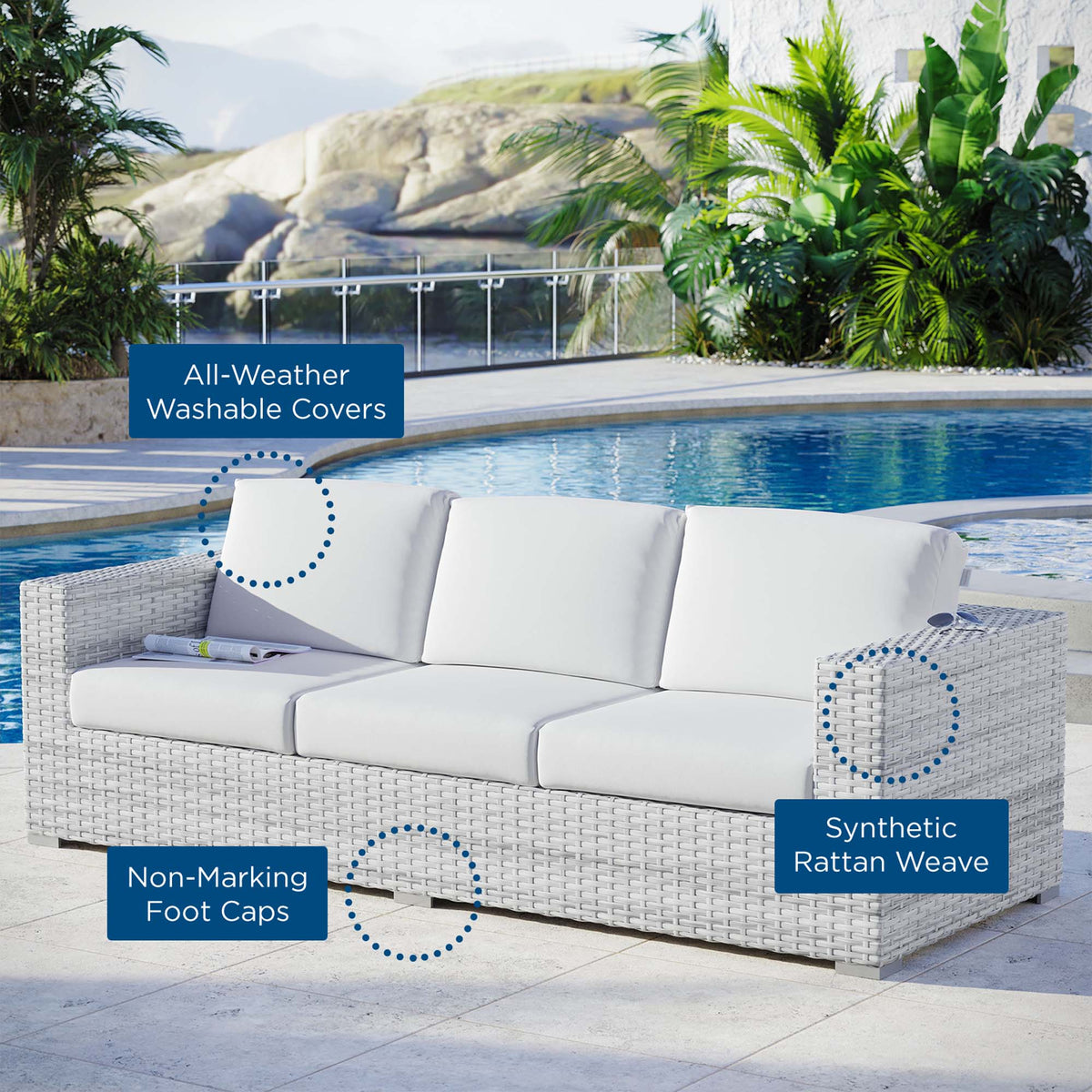 Convene Outdoor Patio Sofa by Modway white synthetic rattan weave with cushions poolside on Tampa Home & Garden Store