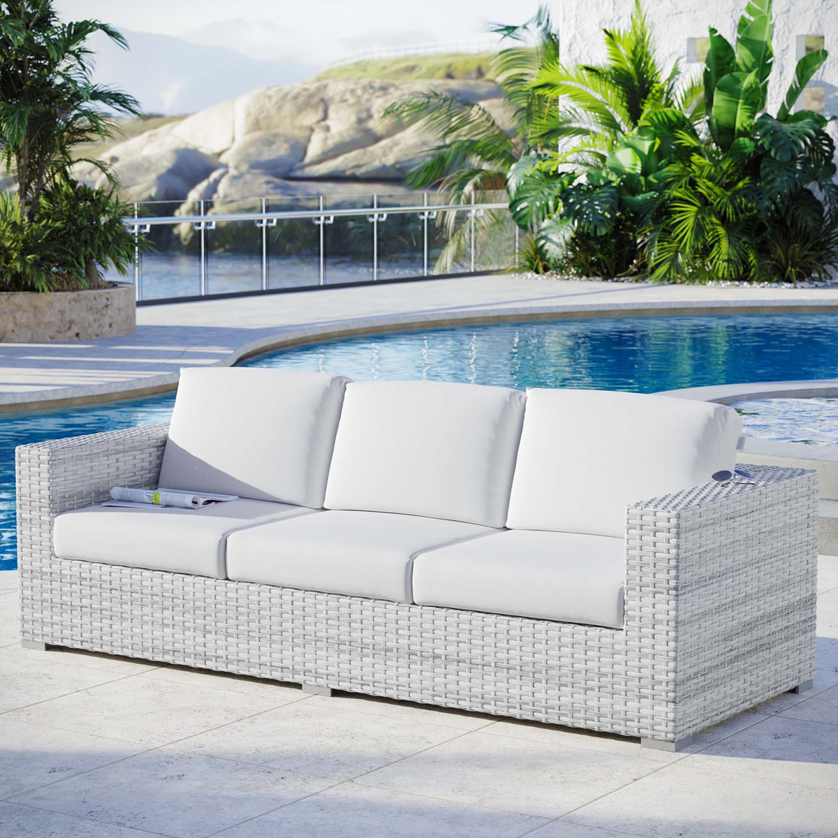 Convene outdoor patio sofa by Modway white woven rattan cushions pool deck on Tampa Home & Garden Store