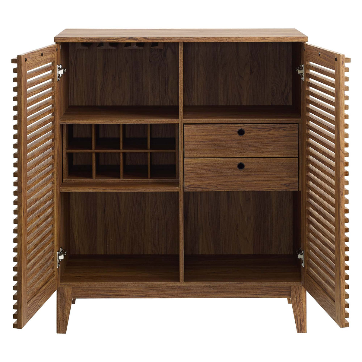 Render Bar Cabinet by Modway walnut finish with slatted doors, wine storage, and two drawers on Tampa Home & Garden Store