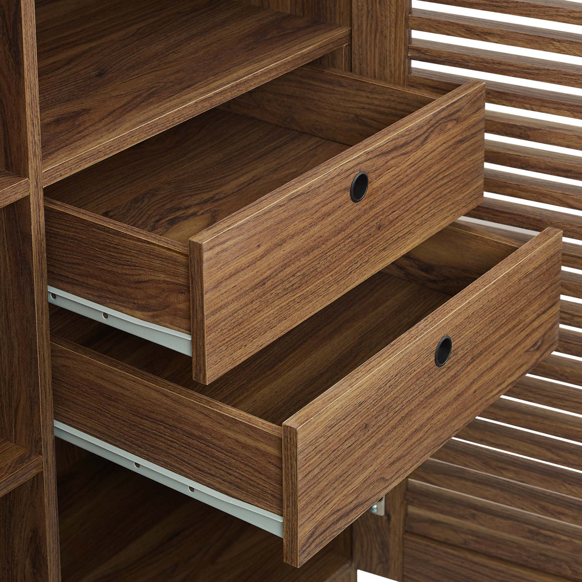 Render Bar Cabinet walnut wood with open shelf and drawer, round black pull, slatted back panel on Tampa Home & Garden Store