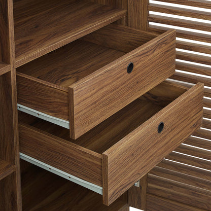 Render Bar Cabinet walnut wood with open shelf and drawer, round black pull, slatted back panel on Tampa Home & Garden Store