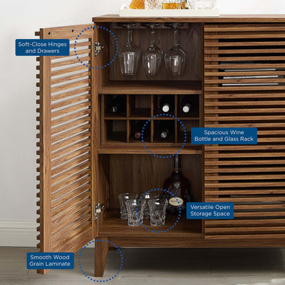 Modway Render Bar Cabinet in walnut with slatted doors and wine glass rack on Tampa Home & Garden Store