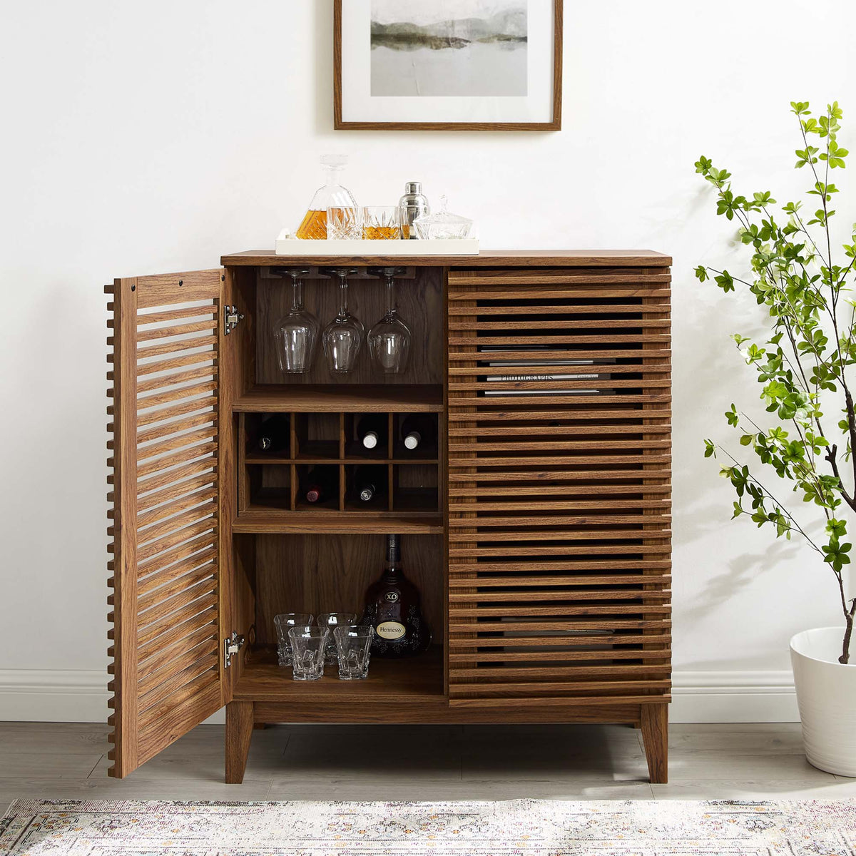Render Bar Cabinet Walnut with slatted doors glassware rack and top tray with decanter on Tampa Home & Garden Store