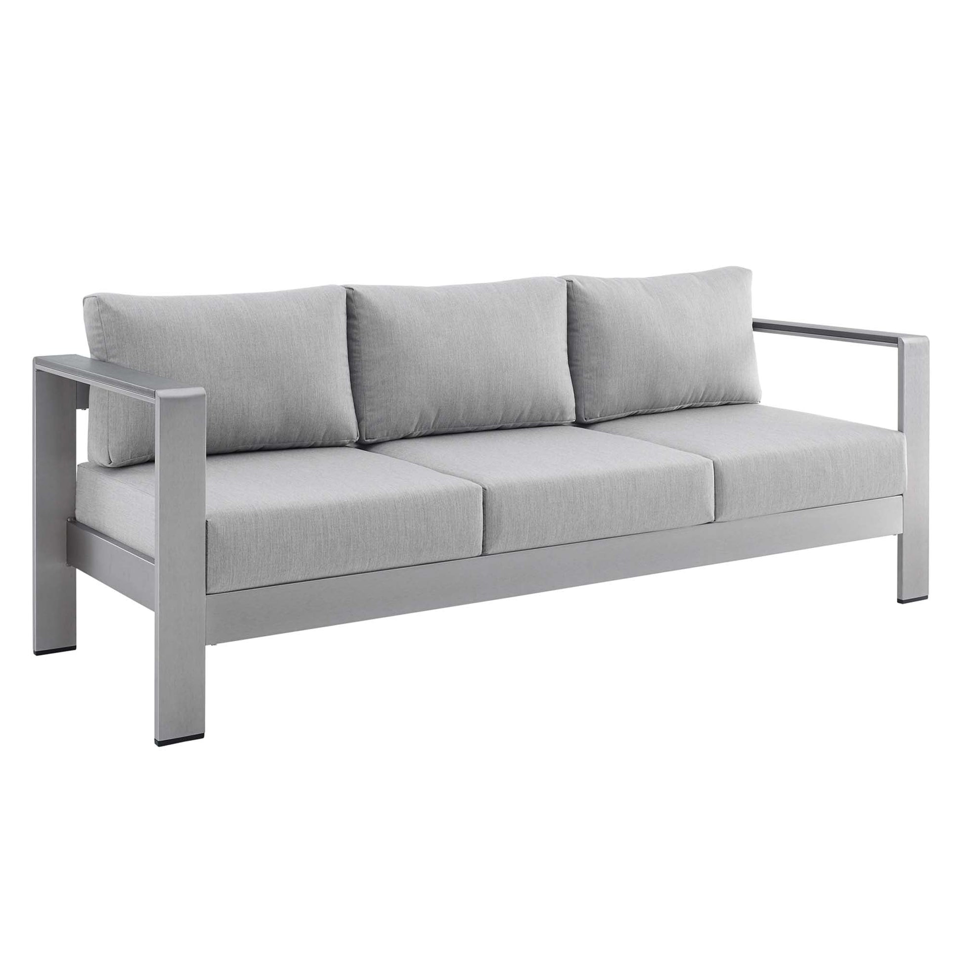 Shore 7 Piece Sunbrella outdoor patio aluminum set with light gray cushions and metal frame on Tampa Home & Garden Store