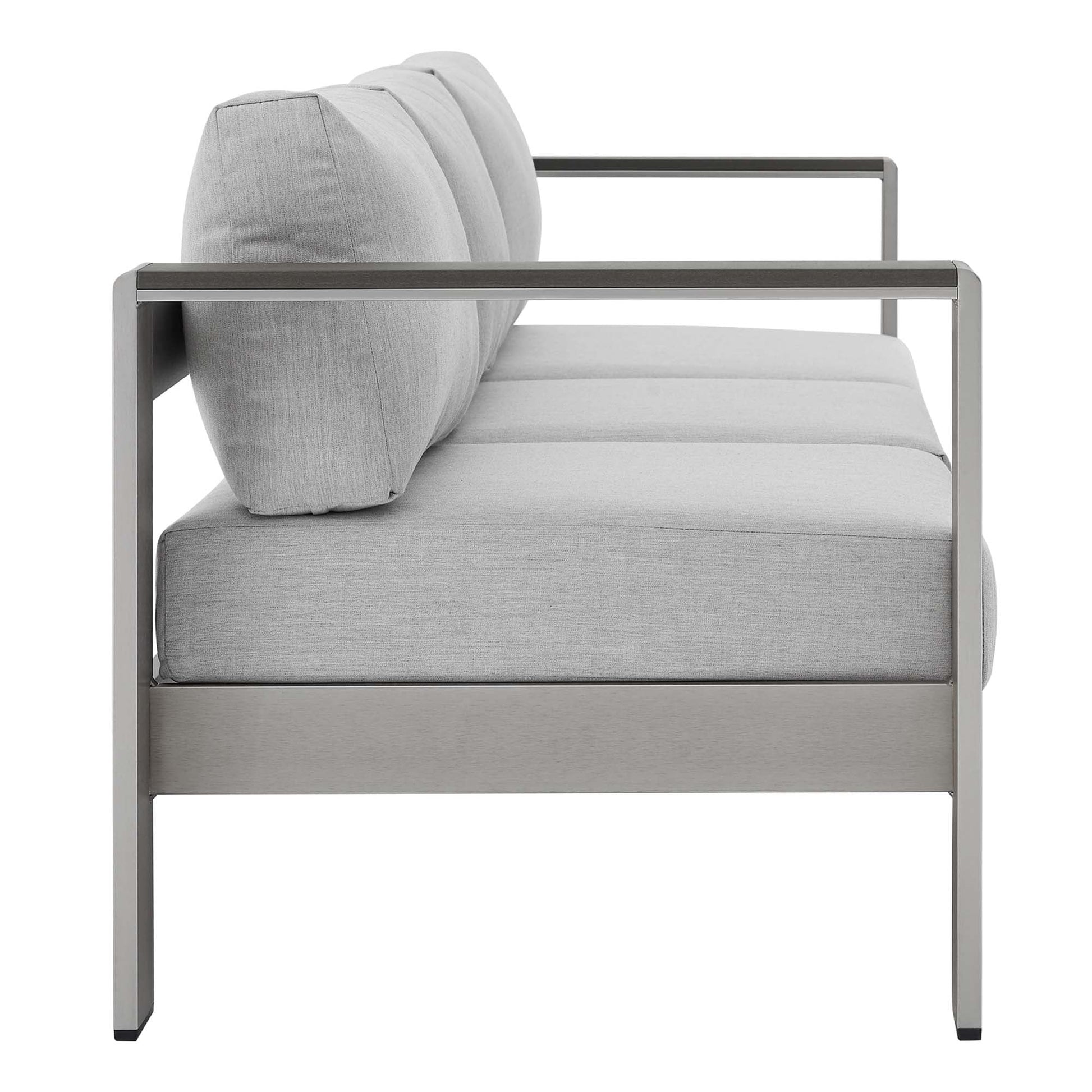 Shore 7 Piece Sunbrella outdoor aluminum sofa set with gray cushions and metal frame on Tampa Home & Garden Store