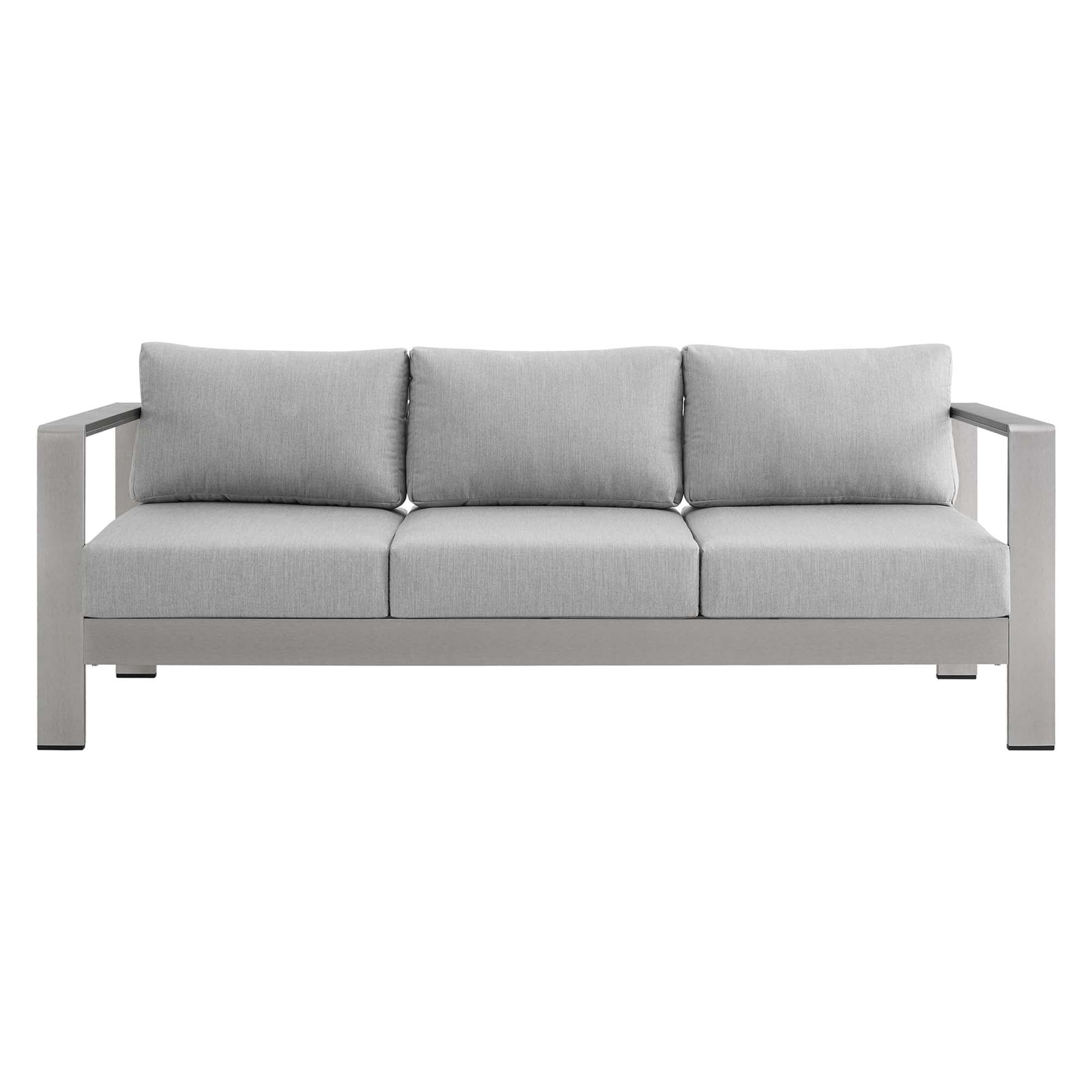 Shore 7 Piece Outdoor Patio Aluminum Set sofa with light gray Sunbrella cushions and metal frame on Tampa Home & Garden Store
