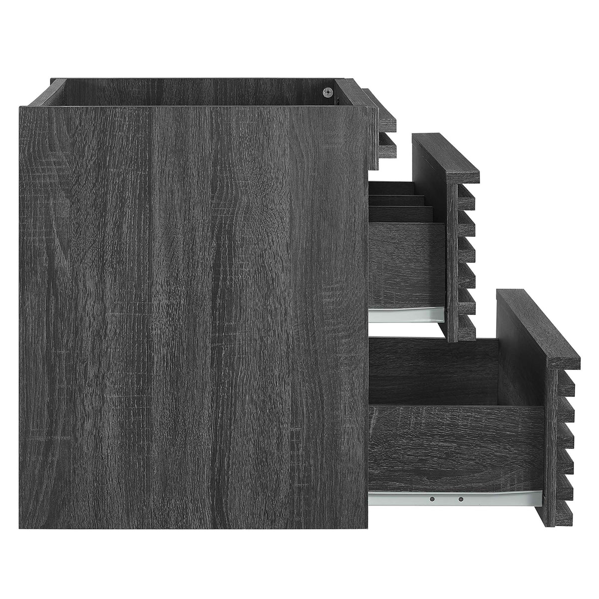 Render wall-mount bathroom vanity cabinet in dark wood grain with right-side open drawer shelves on Tampa Home & Garden Store