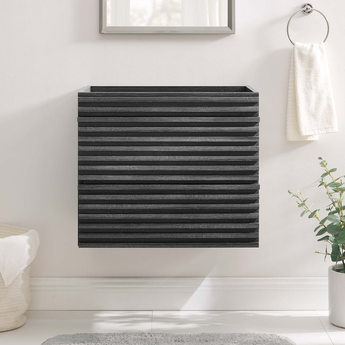 Render wall-mount bathroom vanity cabinet in dark slatted wood finish by HouseOfZazla on Tampa Home & Garden Store