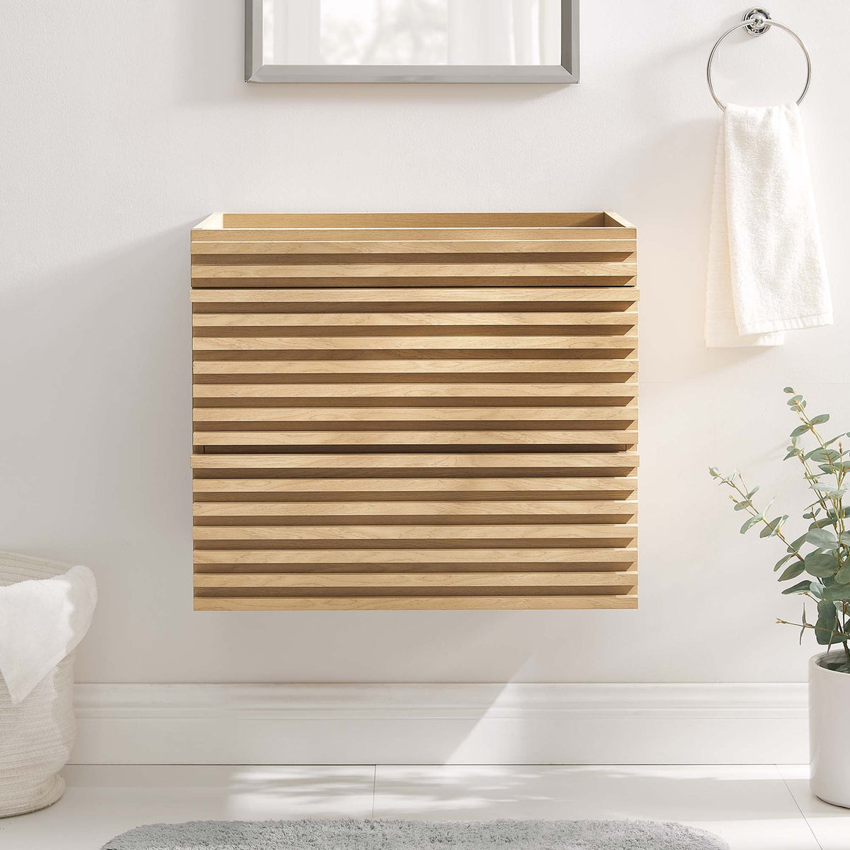 Render Wall-Mount Bathroom Vanity Cabinet in natural wood slats with open slat design on Tampa Home & Garden Store