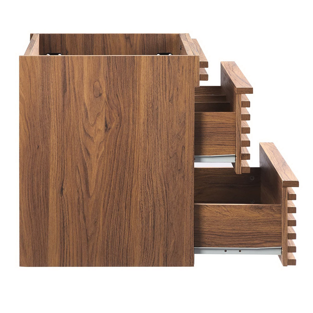 Render wall-mount bathroom vanity cabinet in walnut wood finish with metal drawer slides on Tampa Home & Garden Store