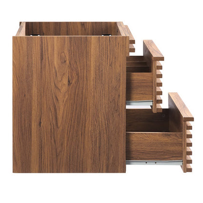 Render wall-mount bathroom vanity cabinet in walnut wood finish with metal drawer slides on Tampa Home & Garden Store