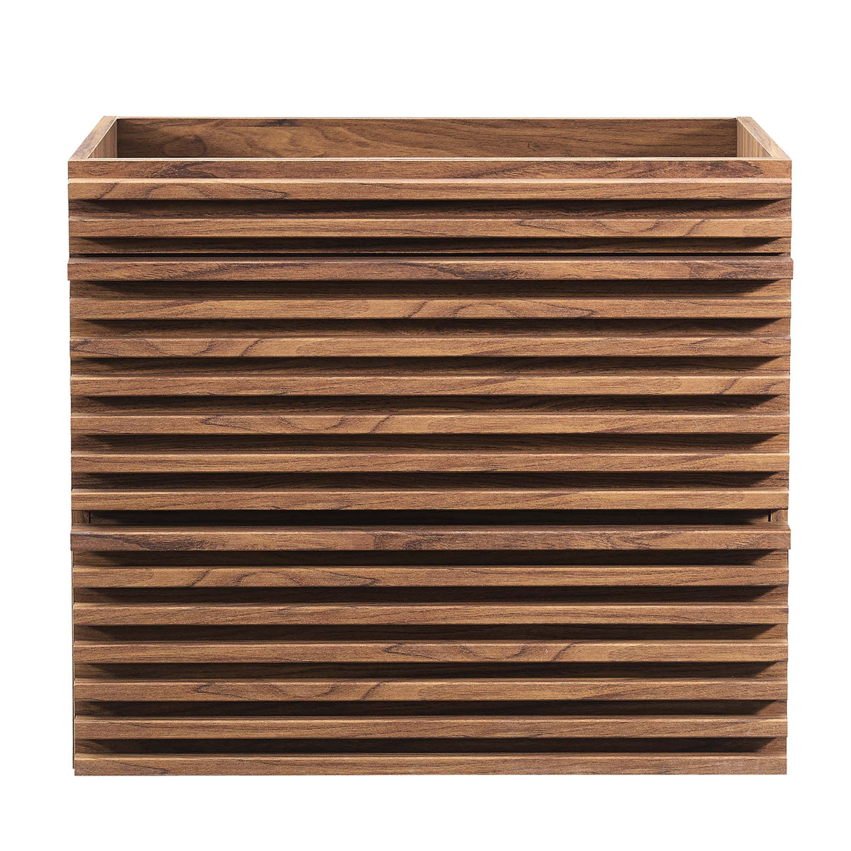 Render wall-mount bathroom vanity cabinet with warm brown wood slats and open-top interior on Tampa Home & Garden Store