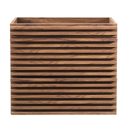 Render wall-mount bathroom vanity cabinet with warm brown wood slats and open-top interior on Tampa Home & Garden Store