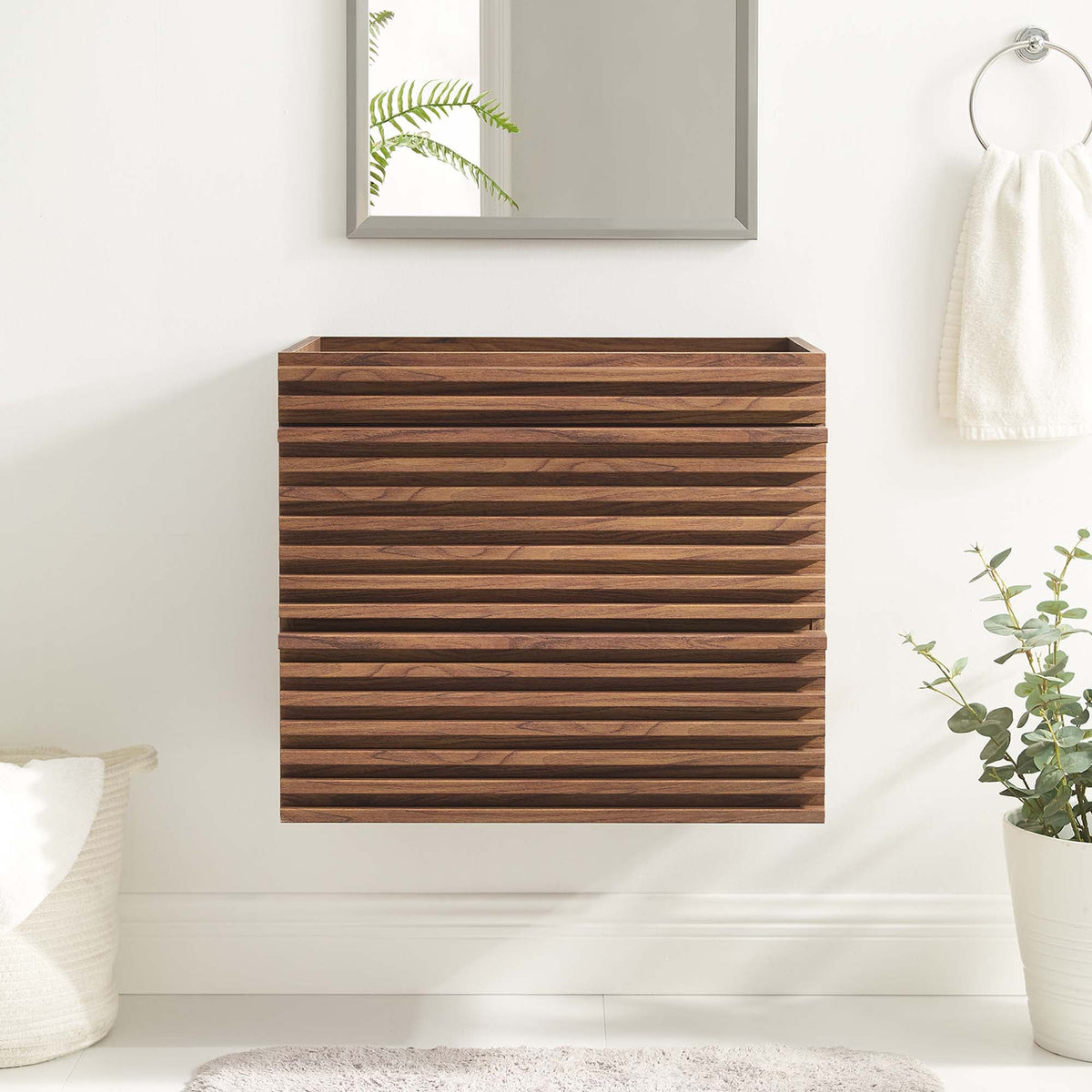 Render Wall-Mount Bathroom Vanity Cabinet by Modway in walnut slatted wood with mirror on Tampa Home & Garden Store