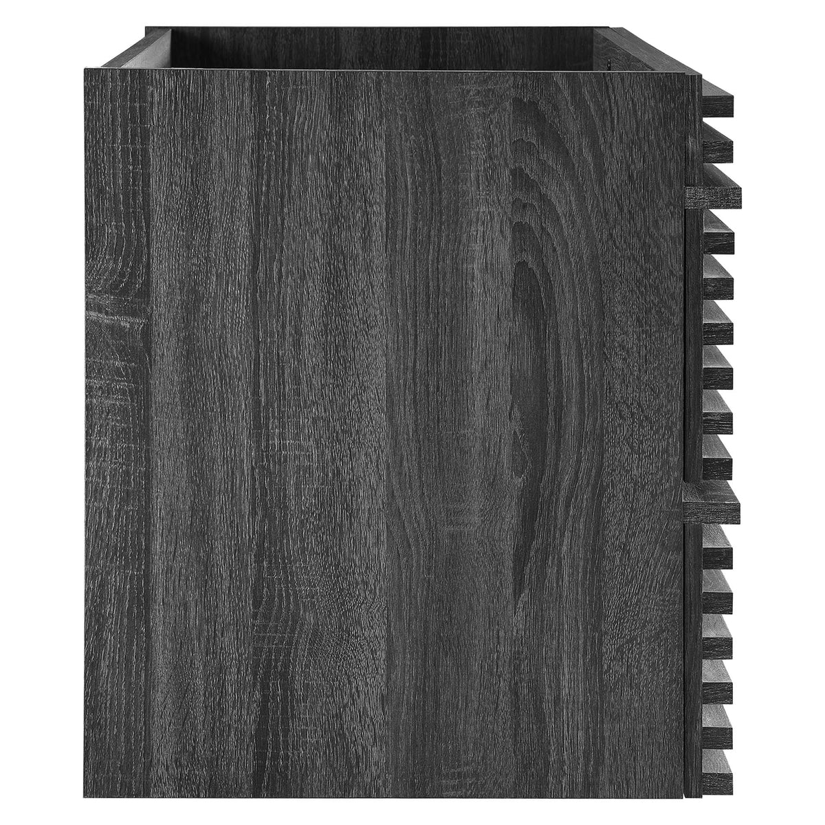 Render wall-mount bathroom vanity cabinet in dark wood with slatted side panels on Tampa Home & Garden Store