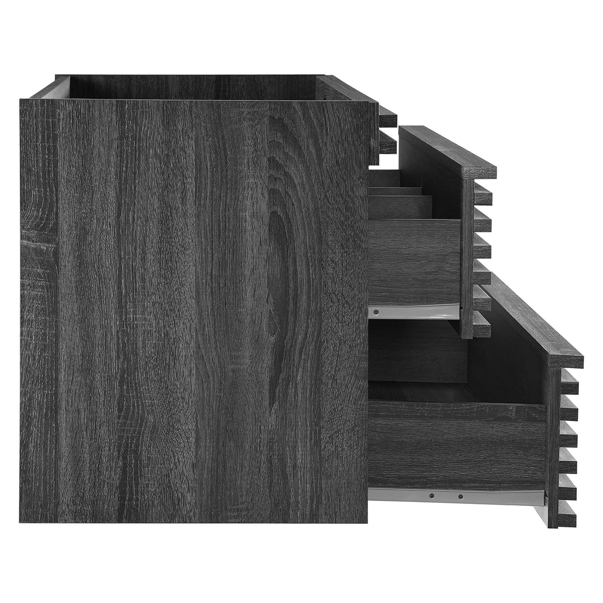 Render wall-mount bathroom vanity cabinet in dark wood with stacked drawers on Tampa Home & Garden Store