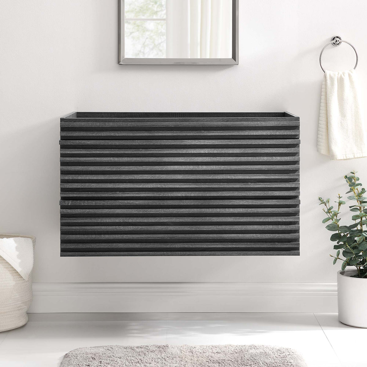 Render wall-mount bathroom vanity cabinet by Modway with dark gray slatted finish and mirror on Tampa Home & Garden Store