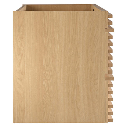 Render wall-mount bathroom vanity cabinet in natural oak finish with side open-shelf detail on Tampa Home & Garden Store